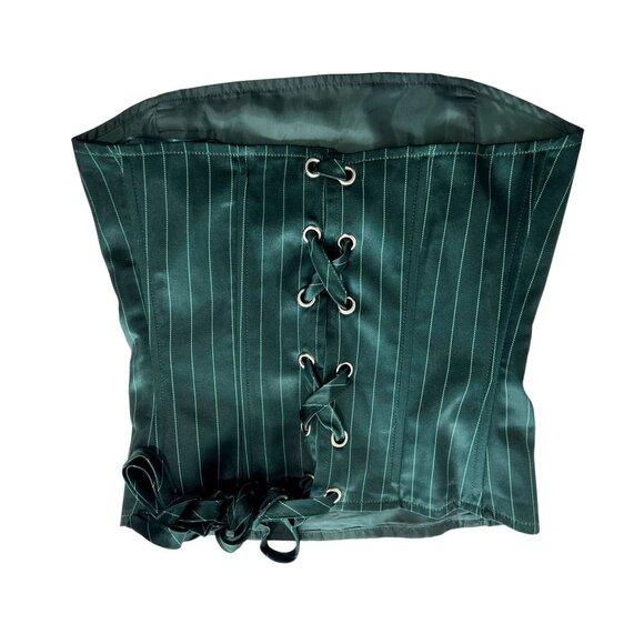Lioness Aniston Strapless Pinstripe Satin Corset Top in Green Pinstripe - Picture 2 of 5
